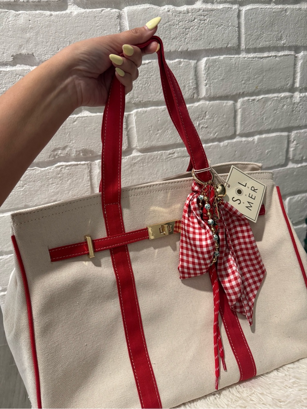 Canvas Tote Bag with Red Trim and Charms - Picture 2 of 7